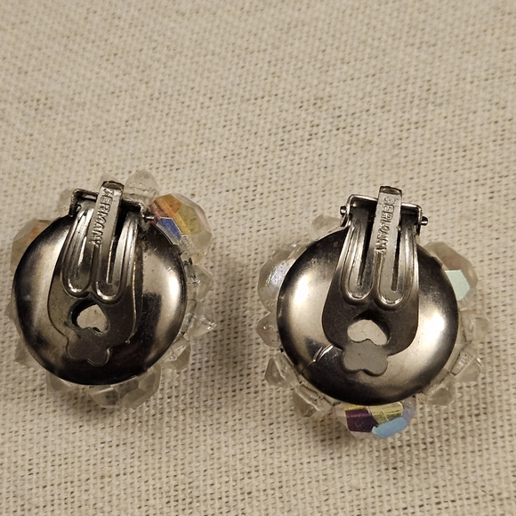 Vintage 1950s Germany AB Crystal Beaded Cluster Clip on Earrings - Picture 4 of 4